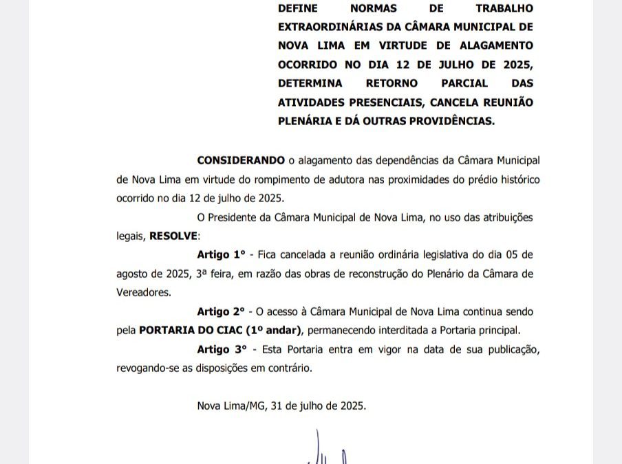 Nova portaria garante continuidade dos trabalhos na Câmara de Nova Lima