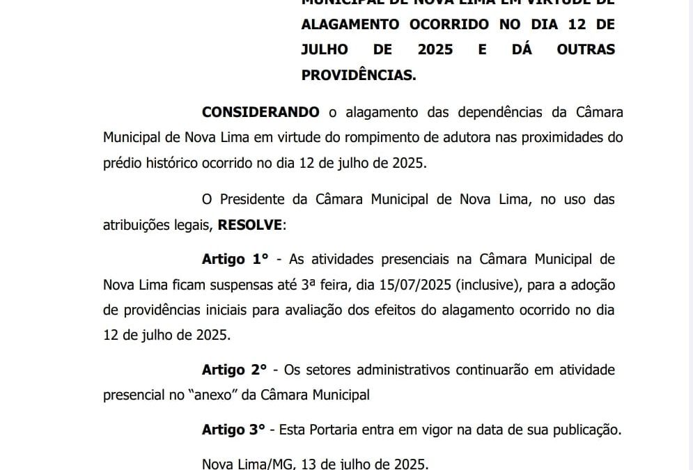 Câmara Municipal define normas de trabalho extraordinárias em virtude de alagamento ocorrido no dia 12/07/2025